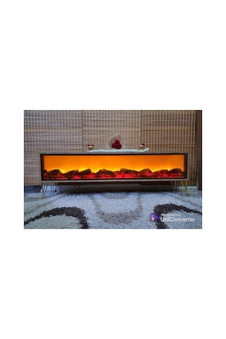 Tv Sehpası Full Şömineli Ahşap Renk Metal Ayaklı 170cm Bluetootlu Ses Sistemi 3 Farklı Yanma Mdf Ahşap Ve Gold Ahşap Ve Gold