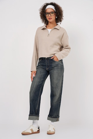 Bigdart 55449 Fermuarlı Yaka Örme Sweatshirt - Krem