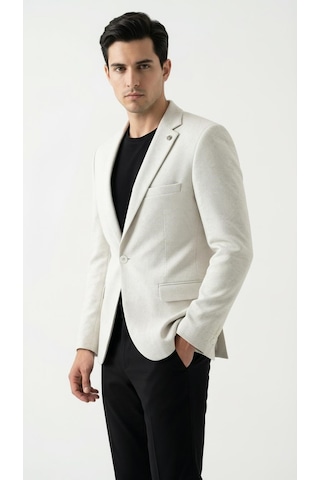 Plus Scorpion Erkek Karyağdı Desenli Slim Fit Blazer Ceket Siyah & Bej Şık Günlük Ve Ofis Kombin Bej