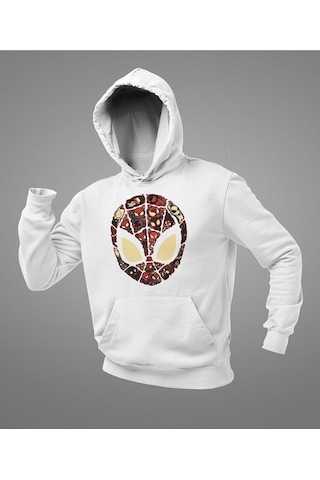 Sevbano Tasarım Spider-man Maske Baskılı Unisex Oversize Marvel Hoodie Beyaz
