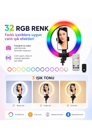 1,9 Metre Rgb Halka Işık Selfie Çubuğu Ve Tripod, 32 Renkli Led Ring Light, Bluetooth