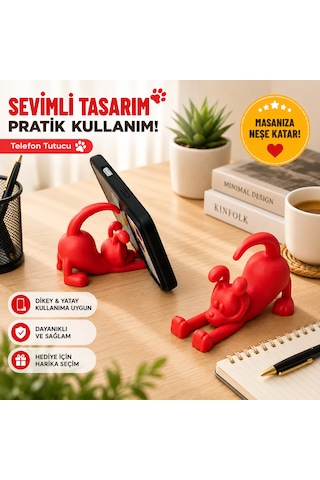 Sevimli Köpek Tasarımlı Telefon Tutucu Masaüstü Telefon Standı Dekoratif Akıllı Telefon Standı Kırmızı