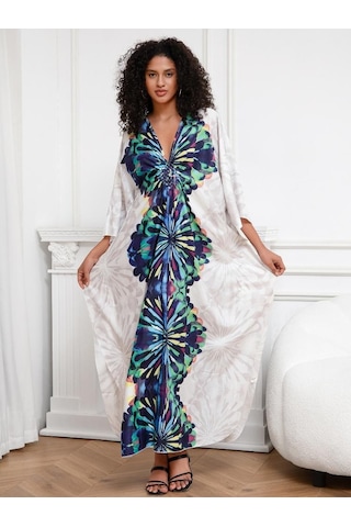 Edolynsa Beyaz Bohem Sabahlık Kaftan Ev Elbisesi Büyük Beden Ev Giyimi Nefes Alabilen Yazlık Hafif Ceket Mayo Üstü Q1289 Çok Renkli