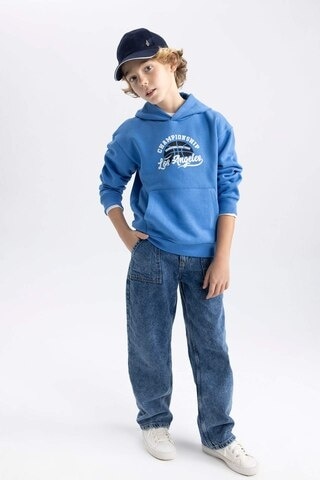 DeFacto Erkek Çocuk Baskılı Kanguru Cepli Kapüşonlu Sweatshirt B7821A8NSBE124 Mavi