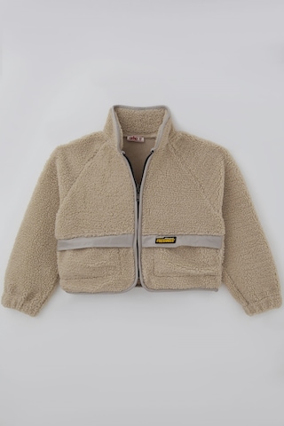 Orko Kız Çocuk Peluş Crop Hırka Kontrast Şerit & Dekoratif Yazı Arma Detaylı Fermuarlı 10-16 Yaş , Bej