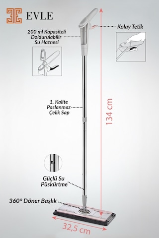 Lavine Mandallı Sprey Mop Kompakt Gövdeli, Mikrofiber Bez Uyumlu 4xl Bez Destekli