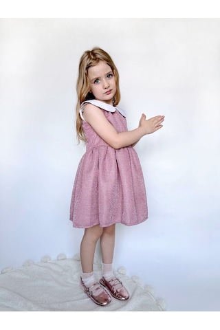 Linola Baby Kids Shiny Simli Bebe Yakalı Çocuk Elbisesi Pembe