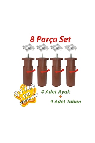 4 Adet Destek Ayağı 9,5-14,5 Cm Kahverengi Ve 4 Adet Metal Düz Ayak Tabanı M8 Civatalı İnce Diş Mobilya Kanepe Baza Koltuk Seti