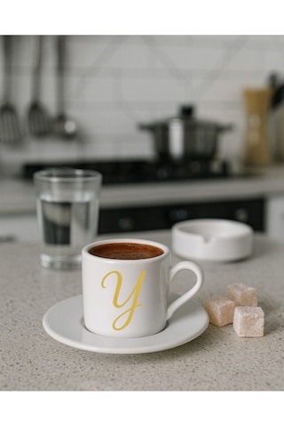 Türk Kahvesi Fincanı Harf, Espresso Fincanı Harf Beyaz - Altın20