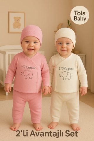 2 Li Avantajlı Set Hediyelik Organik Hastahane Çıkışı Bebek Takımı 0-3 Ay Pembe + Ekru