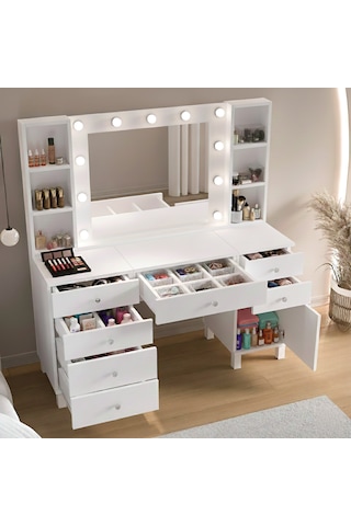 Robin Home Hollywood Makyaj Masası 7 Çekmece Kapaklı Düzenleyici Hollywood Led Işıklı Raflı Beyaz