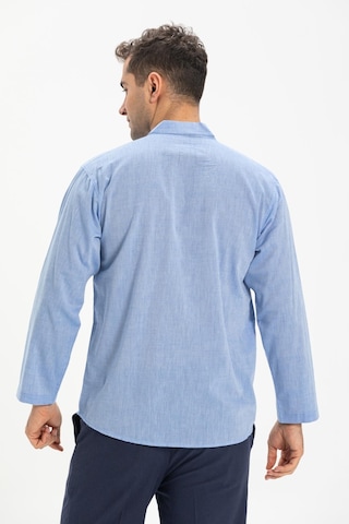 Eliş Şile Bezi Büyük Beden Şile Bezi Uzun Kol Tek Cepli Hakim Yaka Erkek Yazlık Tshirt Mavi 3032-Mavi