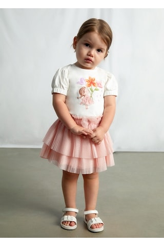Mayoral Kız Bebek İşlemeli Balon Kol T-shirt Krem - 01078 Pembe
