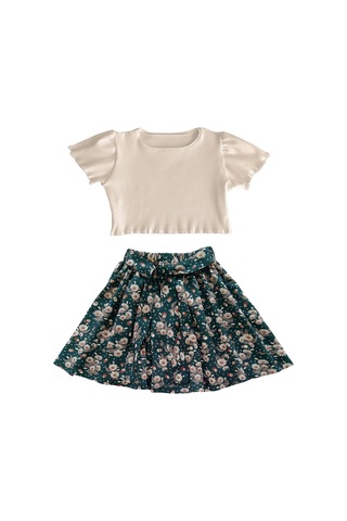 Çocuk Etekli Takım, Papatya Desenli Etek - Sütlü Kahve Crop Skahve-papatya Krem - Yeşil