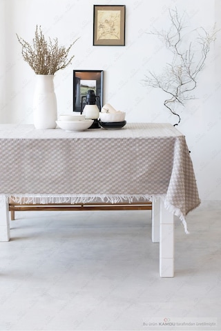 1 Adet 130x170cm Dama Desenli Masa Örtüsü, Sofra Bezi, Piknik Örtüsü, Ekose Desenli Masa Örtüsü Bej