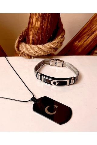 Ay Yıldız Türk Bayrağı Figürlü Çelik Kolye&bileklik Set Siyah