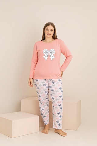 Rindahomewear Büyük Beden Fiyonk Baskılı Mercan Süprem Pijama Takımı Pembe