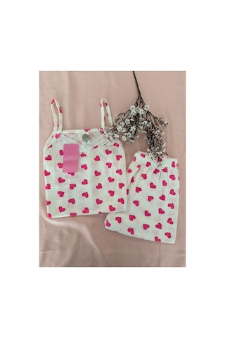 Mh Moony Homewears Pembe Kalp Askılı Şortlu Yazlık Pijama Takımı Çok Renkli Pembe
