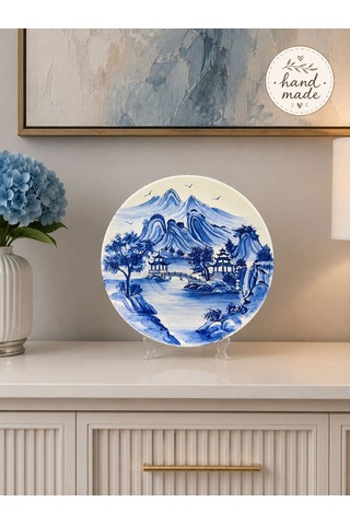 Ev Dekorasyonu - El Yapımı 30 Cm Blue Blanck Manzara Dekoratif Tabak