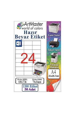 A4 Hazır Beyaz Etiket 70x36 Mm 50 Sayfa 1 Paket 24 Lü Kendinden Yapışkanlı Fotokopi Lazer İnkjet Kağıdı Yazıcılar İçin
