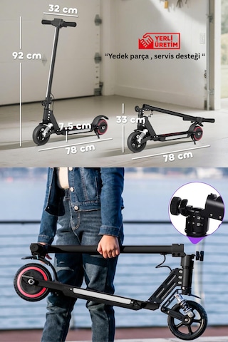 Elektrikli Çocuk Scooter - Çift Frenli Katlanabilir - Led Işıklı - Ön Çift Süspansiyonlu 8+ Siyah