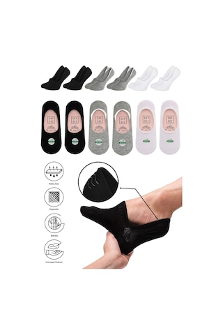 Saysez Bambu Kadın Babet Siyah-beyaz-gri Çorap Dikişsiz Görünmez Kaydırmaz Topuk Silikonlu Premium 6'lı Set Renkli