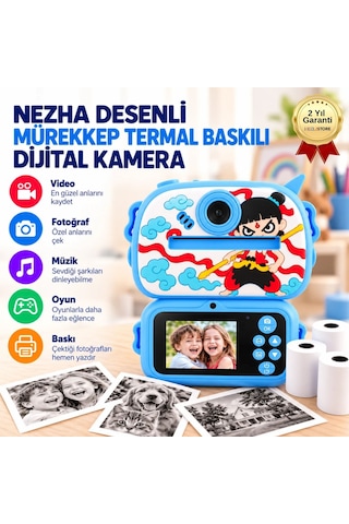 BLUE-2 Anında Baskılı Çocuk Fotoğraf Makinesi,çizgi Film Desenli, Dijital Kameralı, Mavi-1800