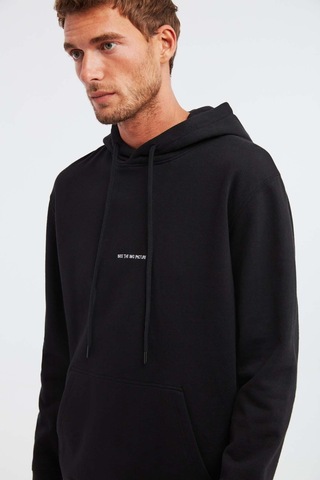 Grımelange Epic Erkek Yumusaçık Kumaşlı Kapüşonlu Kordonlu Regular Fit Nakışlı Siyah Sweatshirt