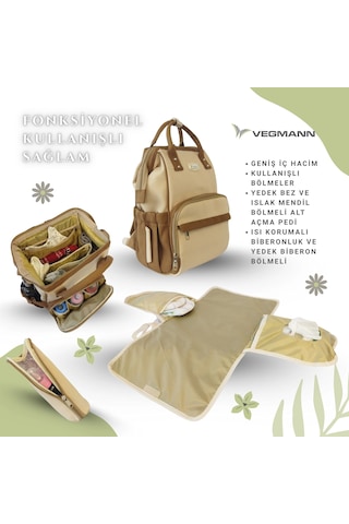 Vegmann Tender Kanvas Kumaş Anne Bebek Bakım Sırt Çantası Biberon Termos Gözlü Kahverengi-bej Kahverengi-bej Bej - Kahverengi