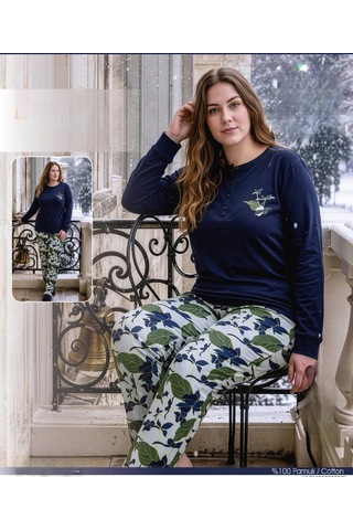 Angelina Kadın Battal Düğmeli Yaka %100 Pamuk İnterlok Kışlık Pijama Takımı 10012 - 1 Adet Lacivert