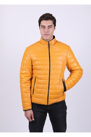New Zaya Leather Erkek Şişme Sarı Deri Ceket Sarı