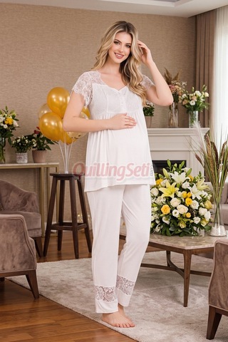 Quilling Lady Ekru Renkli, Derin Patlı, Dantel Detaylı 33002 Sabahlıklı 3lü Lohusa Hamile Pijama Takımı M - L