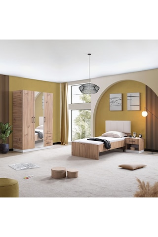 Genç Odası Efes 3 Kapaklı Dolap,karyola,komodin Ceviz Krem Ceviz