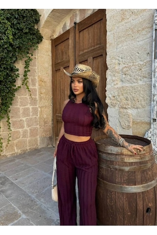 Mayrem Kadın Kaşkorse Crop Top Ve Bol Paça Pantolon İkili Takım Bordo
