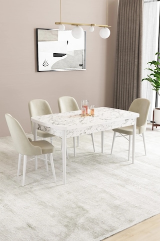 Familieconcept Almira Serisi, Beyaz Mermer Desen 80x132 Açılabilir Mdf Mutfak Masası Takımı 4 Adet Sandalye Krem
