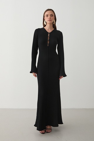 Siyah Düğme Detaylı Uzun Elbise - 1725 Kahverengi