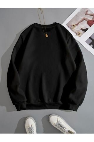 Spiritual Çizgi Figür Sweatshirt - Siyah Baskılı Oversize Kalın Kışlık Bisiklet Yaka Siyah