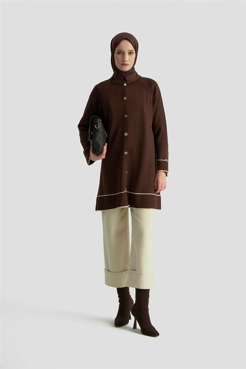 Armine Trend Çizgi Detaylı Triko Hırka 25ktd4123 Kahverengi Kahverengi