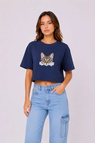 Hazego Kedi Baskılı Oversize Crop Tişört Salaş Basic Yarım Kol T-shirt - Lacivert