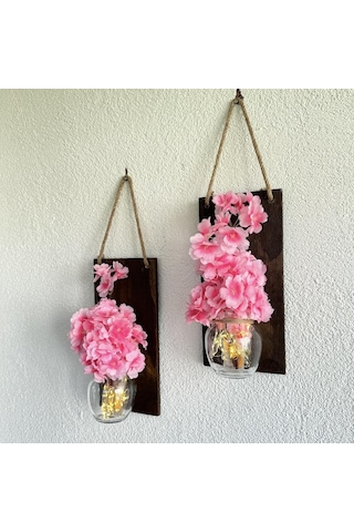 Led Işıklı, Pembe Bahardalı Çiçekli Duvar Dekoru Ceviz İkili Set Ceviz