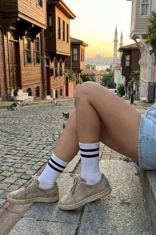 Lykos Kadın Beyaz Çift Çizgili Soket Çorap 5 Li Paket Beyaz