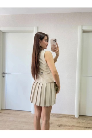 Modayakamoz Eyesof Takım Görünümlu Yelekli Mini Elbise- Bej Çok renkli