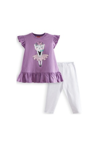 Denokids Çiçekli Kedi Kız Çocuk Mor T-shirt Tayt Takım Renkli Çok Renkli
