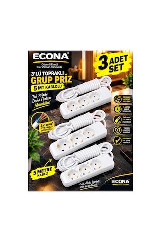 3 Adet-3 Soketli Topraklı Grup Priz 5 Metre Kablolu - 3 Adet Çoklu Priz Seti 3x1 Mm² Esnek Yumuşak Ttr Kablo Beyaz Çoklu Priz Uzatma Kablosu 0