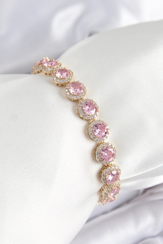 Pirinç Pembe Zirkon Taşlı Daire Baget Model Gold Renk Vıp Seri Kadın Bileklik - Lisinya Açık Pembe
