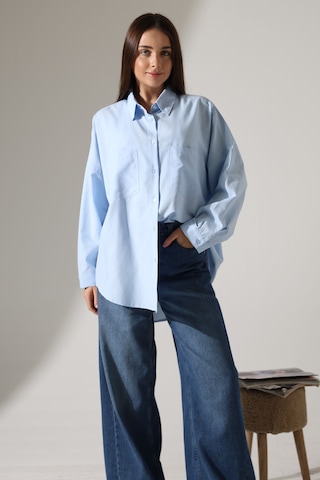 Yeni Sezon Poplin Kumaş Çift Cepli Oversize Pamuklu Kadın Tunik Gömlek Mavi