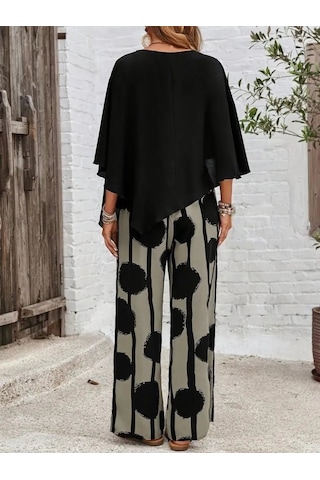 Munn Collection Kadın Truvakar Kol Bisiklet Yaka Asimetrik Dikişsiz Sandy Pelerin Bluz Ve Desenli Pantolon Ikili Takım Siyah