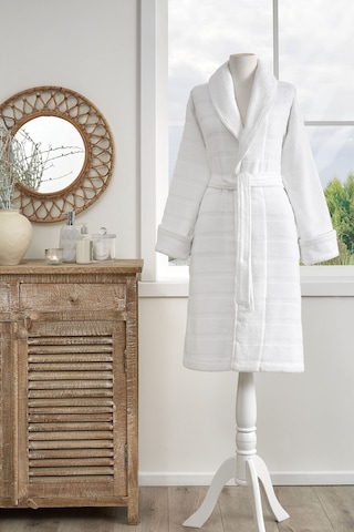 Sadem Organik Stripe Şal Yaka Bornoz Beyaz