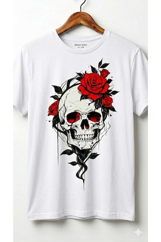 Erkek Kuru Kafa Kırmızı Gül Detayı Baskılı Pamuklu Regular T-shirt Beyaz