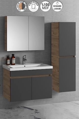 Çiğdem 80+35 Cm Atlantik Çam-Antrasit Gri Mat Mdf Seramik Lavabol Antrasit - Atlantik Çam